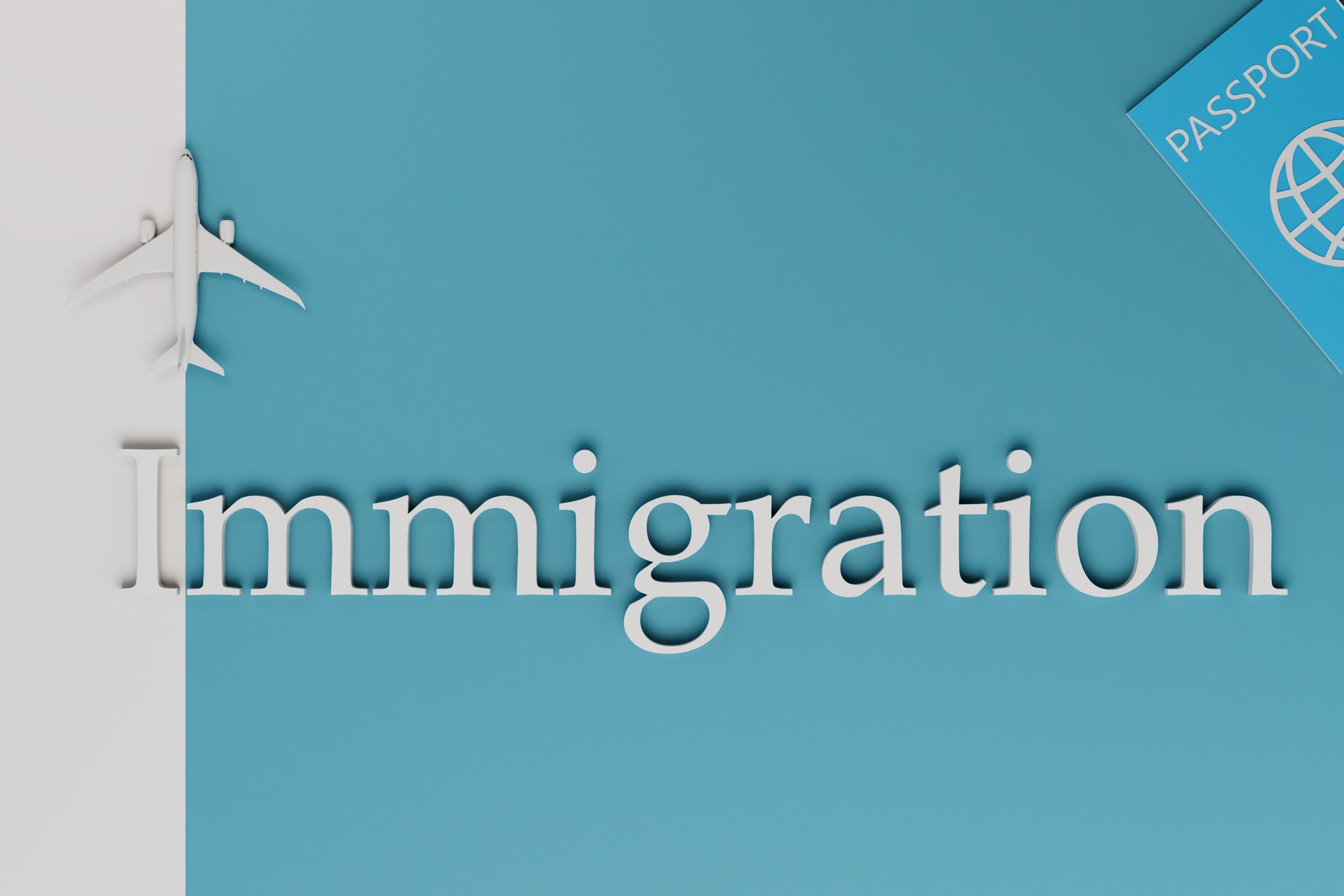 the concept of emigration. plane and passport on a blue background with the inscription emigration. 3D render